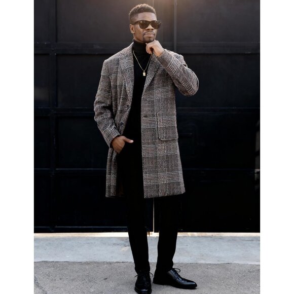 Men's Khaki Winter Single-Breasted Trench Coat with Notched Collar Pockets - Picture 5 of 9